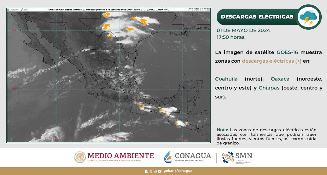 La imagen de satélite muestra zonas con #DescargasEléctricas en #Coahuila, #Oaxaca y #Chiapas. ⚡️