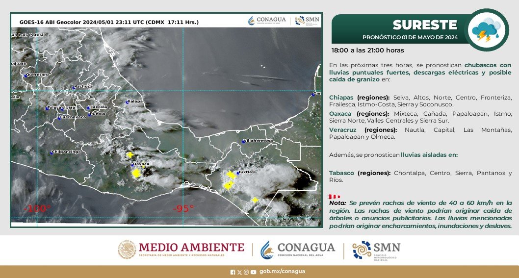 Se pronostican #Chubascos con #Lluvias puntuales fuertes, #DescargasEléctricas y posible caída de #Granizo en regiones de #Coahuila, #NuevoLeón y #Tamaulipas, así como en #Chiapas, #Oaxaca y #Veracruz.🌧️😯