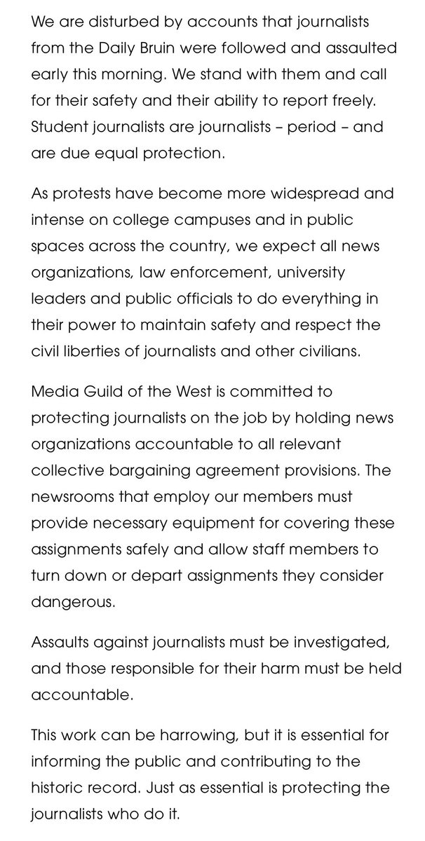 .@MediaGuildWest statement against campus violence.