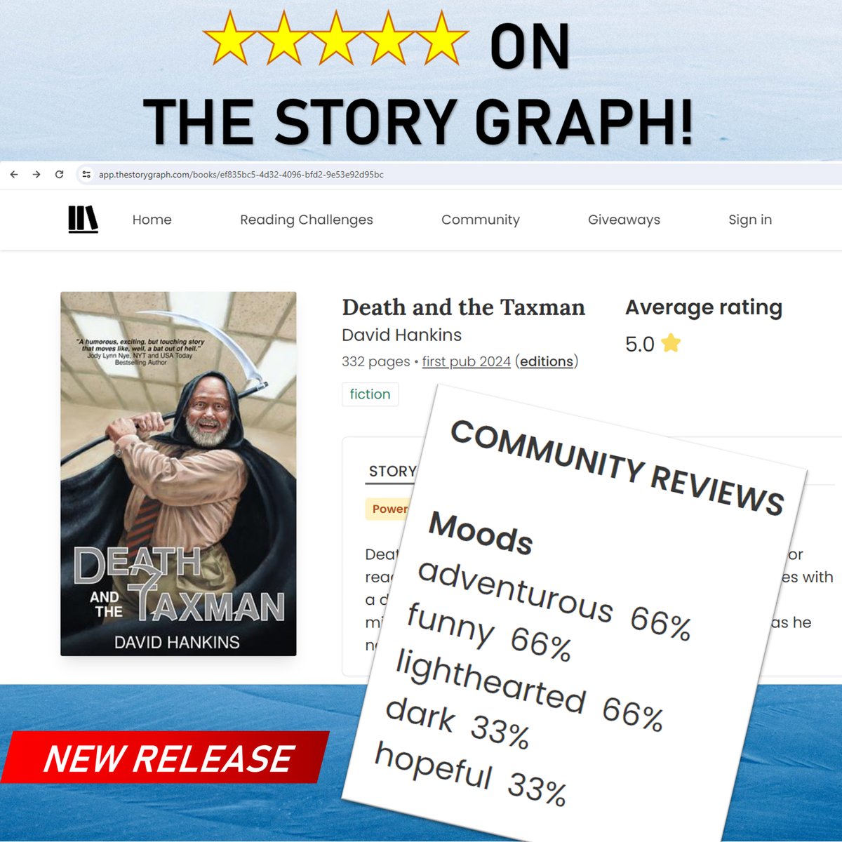 That's cool! I found a new (to me) review website and Death and the Taxman already already has straight 5-Star reviews! (Now the 3rd site with 5-stars)

books2read.com/deathandthetax…

#deathandthetaxman #StoryGraph #fivestarreview #newrelease #humor #booktok #booklovers  #readmore