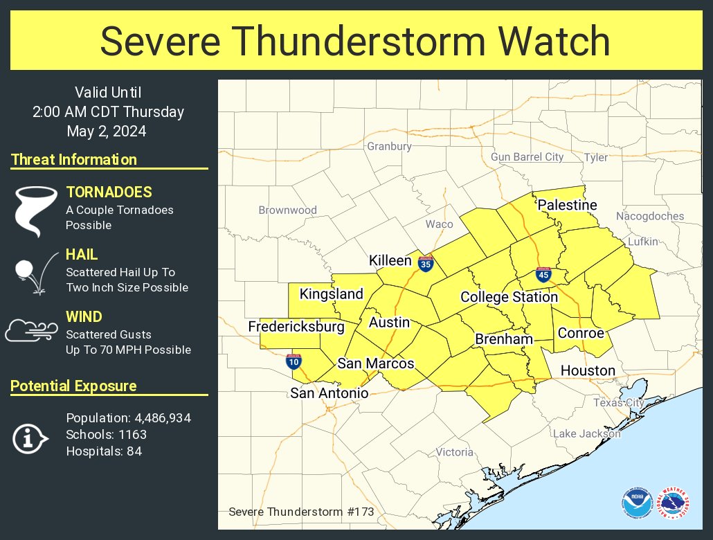 A severe thunderstorm watch has been issued for parts of Texas until 2 AM CDT