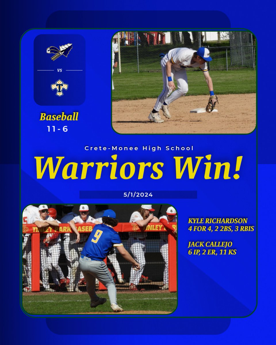 Our Warrior Baseball Team picked up a big 11-6 win over Thornwood in South Holland! Kyle Richardson collected 4 hits including 2 double and 3 RBIs to lead the offense. Jack Callejo went 6 innings striking out 11 on the mound. #GoWarriors