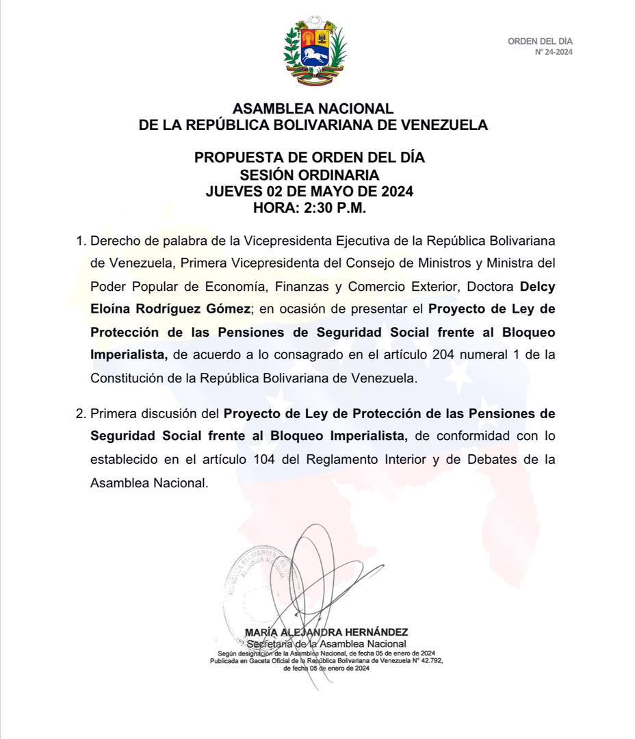 Mañana Delcy Rodríguez Vicepresidenta ejecutiva presenta en plenaria de la AN el proyecto de ley para que empresarios hagan aporte especial para las pensiones. Y con urgencia parlamentaria proceden a la primera discusión.