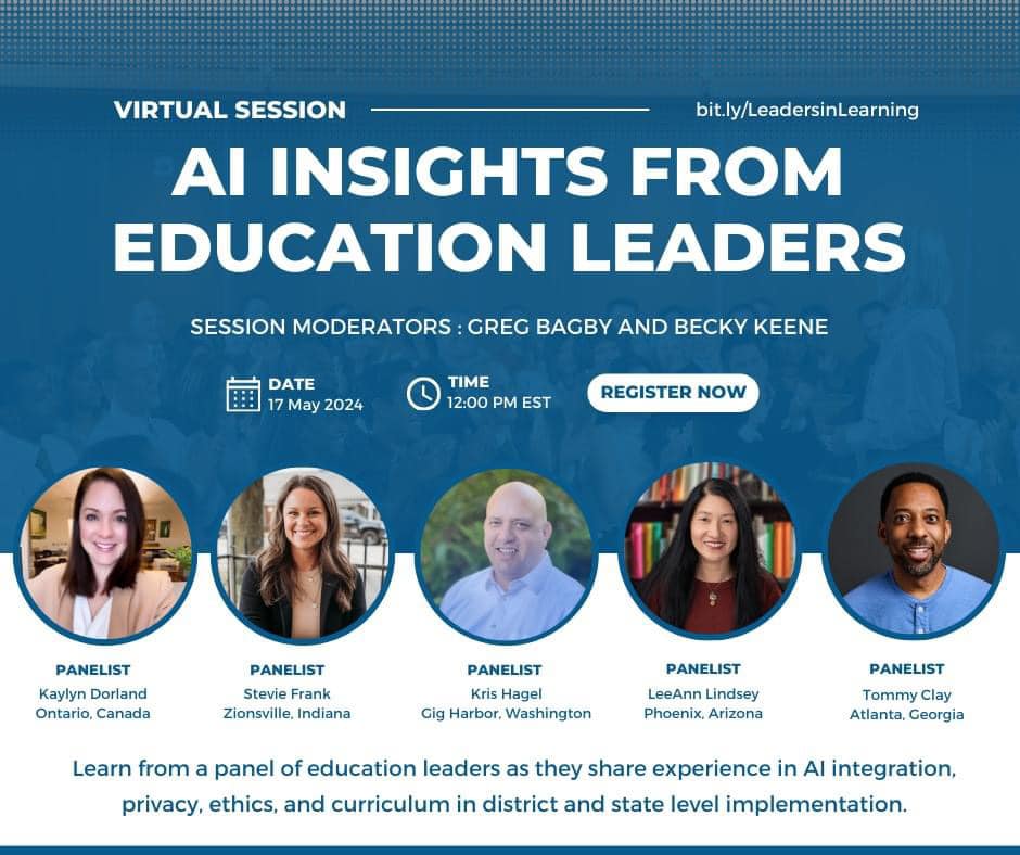 Thrilled to co-host a webinar with @BeckyKeene featuring district & state leaders! 🌟 Join our discussion on AI integration, privacy, ethics, and strategies in education. Gain insights and practical tips from seasoned educators. Don't miss it! #AIinEdu bit.ly/LeadersinLearn…