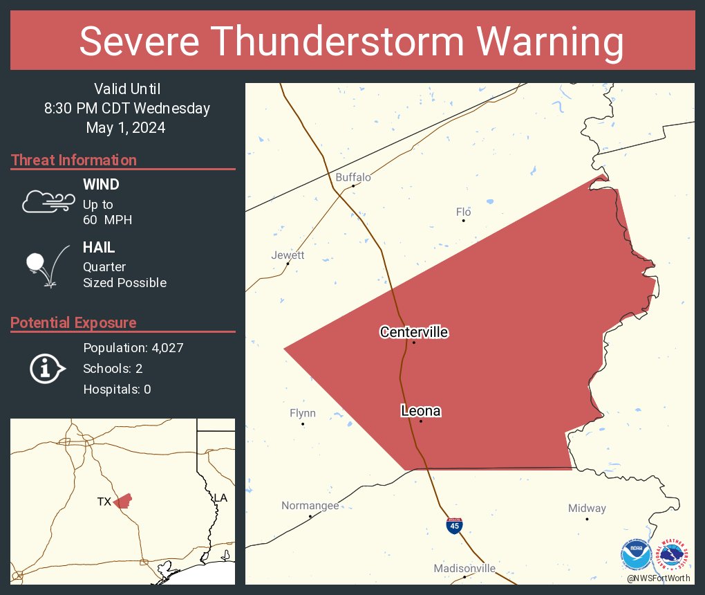 Severe Thunderstorm Warning including Centerville TX and  Leona TX until 8:30 PM CDT