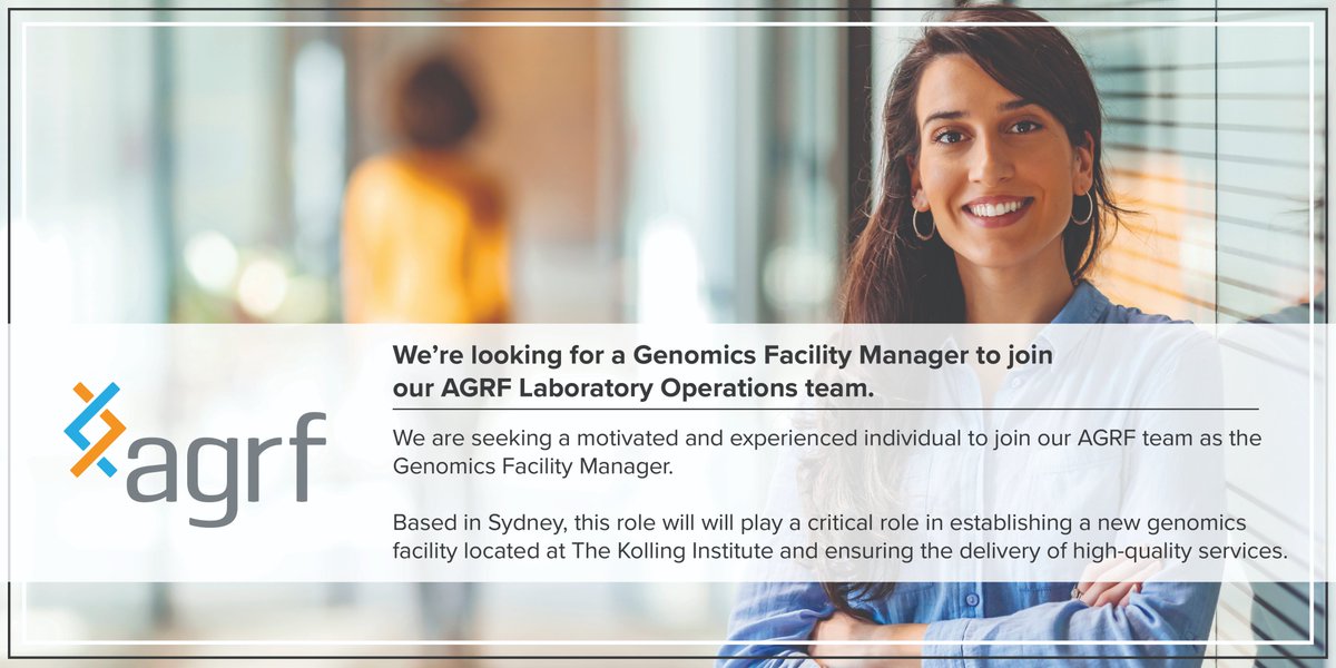 Applications closing soon for our Genomics Facility Manager, based in Sydney.

💻 To learn more and apply here: linkedin.com/jobs/view/3901…

Apply before midnight Sunday, 5 May.

#AGRF #Genomics #JobAlert #TeamAGRF #SydneyJob #ScienceJob #FullTime #FacilityManager
