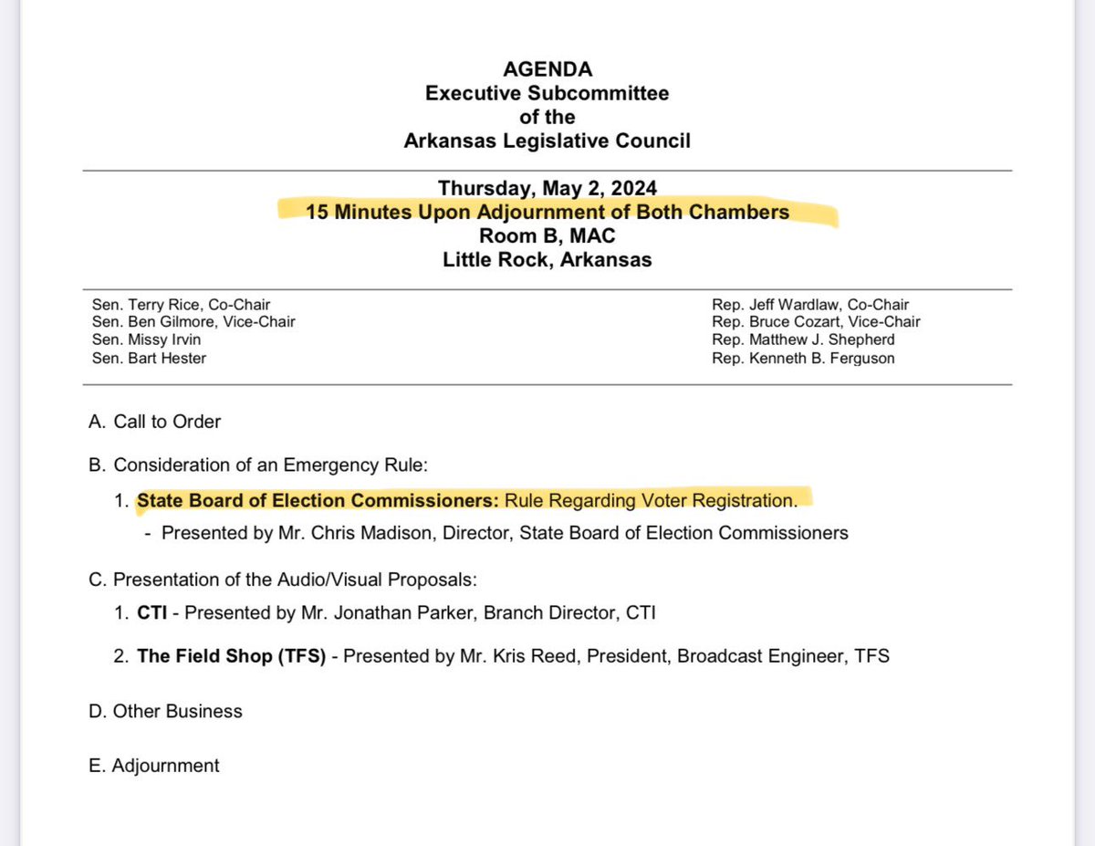 🚨Meeting Time Changed🚨
ALC Executive Subcommittee meeting to finalize Voter Registration Emergency Rule now scheduled for Thursday upon adjournment of both chambers, likely a much earlier start time than previously posted.  #arpx #votersuppression #voteloud