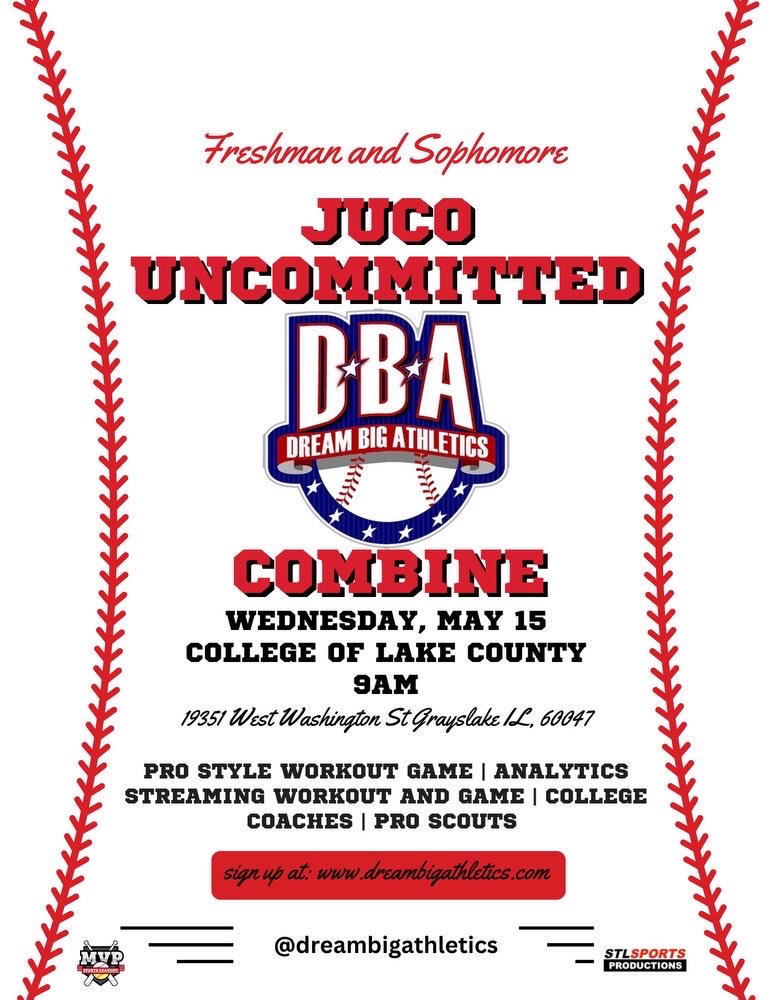 Dream Big Athletics has made it their mission to promote JUCO Baseball and its Players. We are here to assist JUCO Players reach their goal to play at a 4 yr college. JUCO Uncommitted Combine May 15. Pro Style Workout and Game streamed live. Details of event attached here!