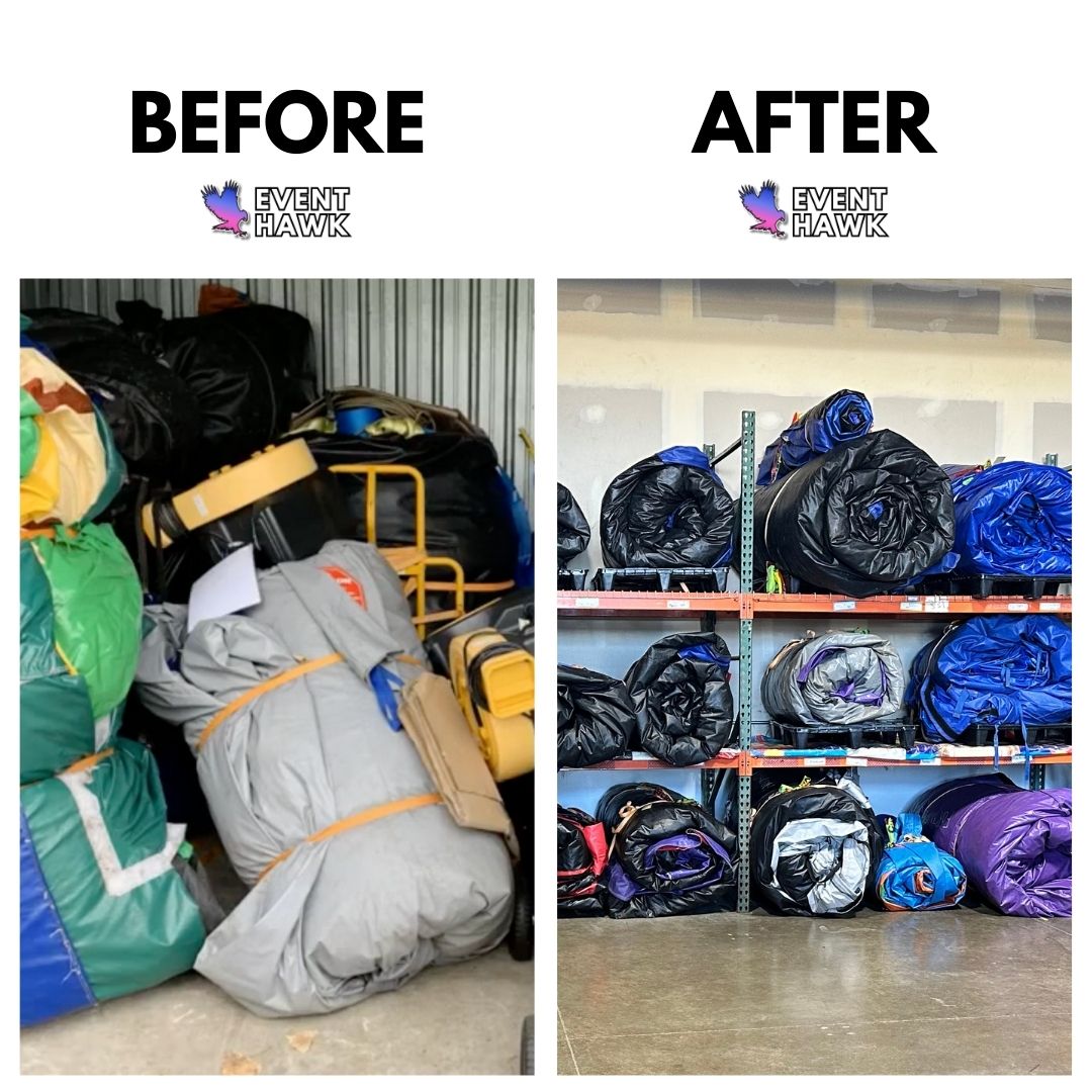 Ever wondered how to tidy up your bounce house units? 🏰✨ Check out the before and after pics to see the amazing difference organization makes! Want to know our secrets? Let's chat about how to keep your units neat and tidy!

#BounceHouse #WarehouseHacks #organizewithme