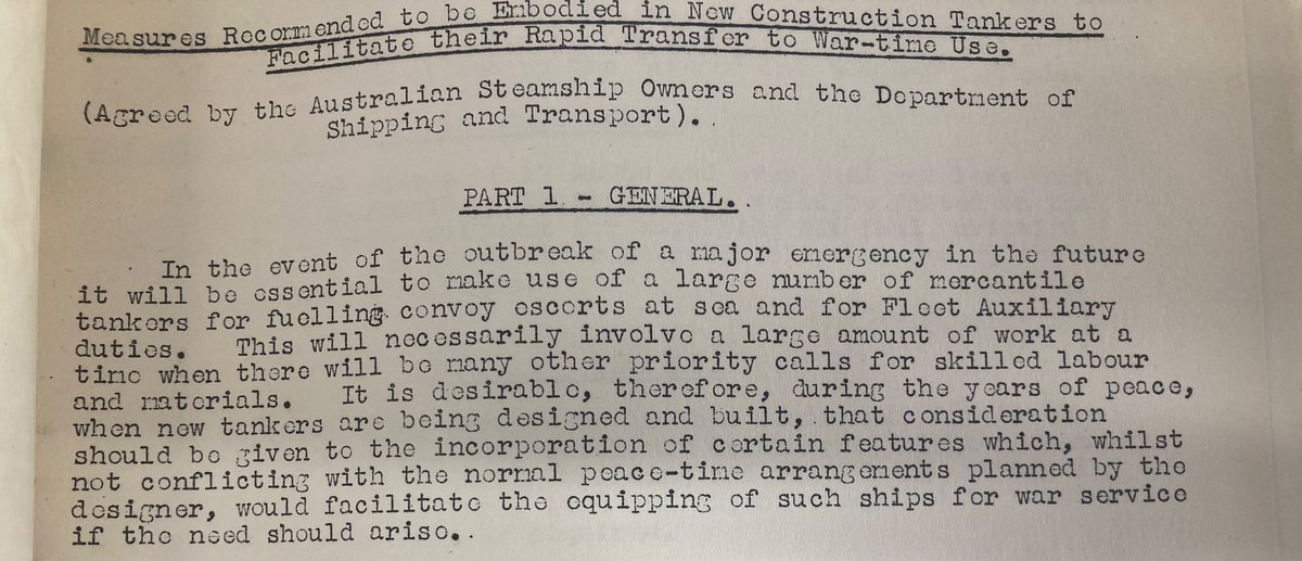 Early 1950s agreement between Defence, Ministry of Shipping & Shipowners Association that new tankers should be designed so as to be easily converted for wartime use, including refueling at sea. Difference in the depth of planning is remarkable