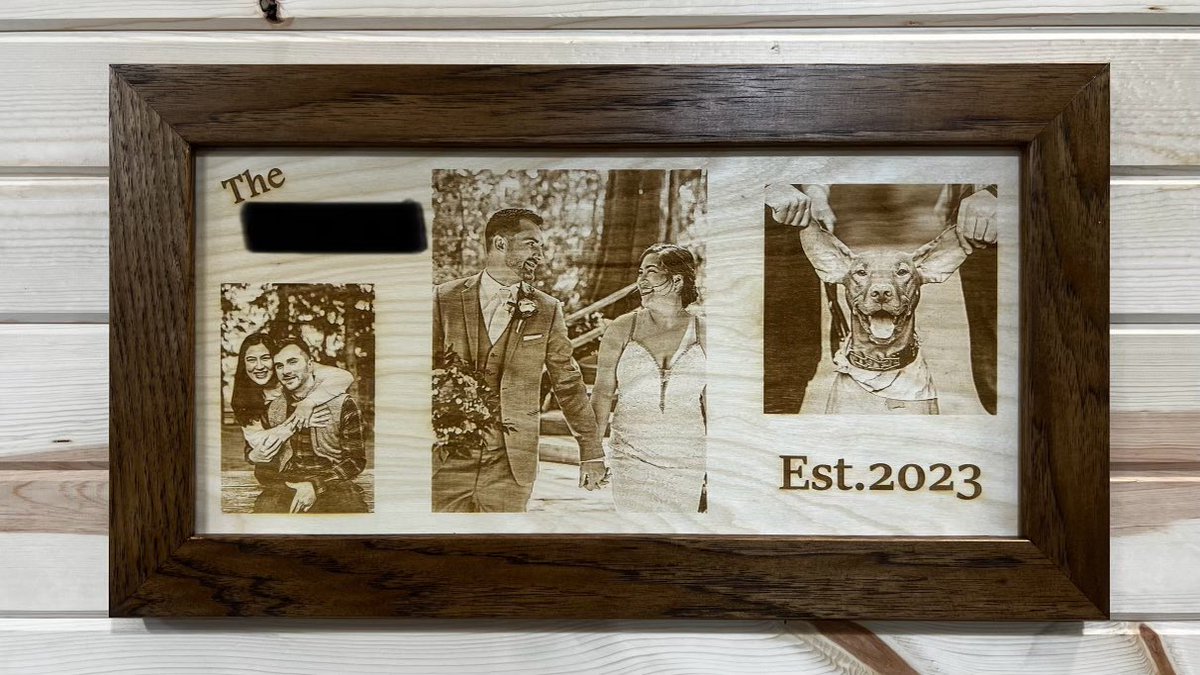 Wedding plaque created with collage of photographs and wrapped with a custom oak frame stained in espresso. Last name blurred out of recipients’ privacy.