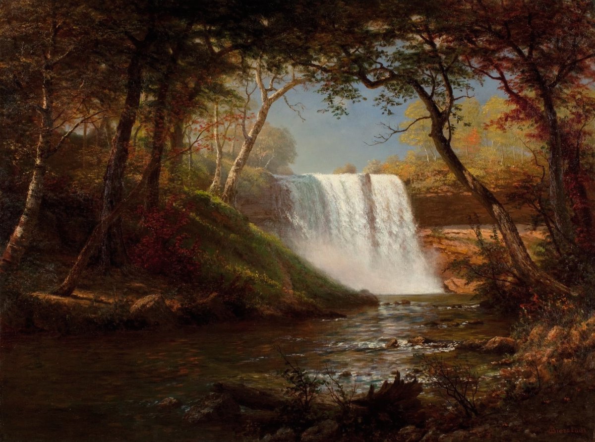 Albert Bierstadt art available here linda-howes.pixels.com/featured/minne… #AlbertBierstadt #OilPainting #MinnehahaFalls1800s #trees #water #waterfalls #nature #landscapepainting #wallart