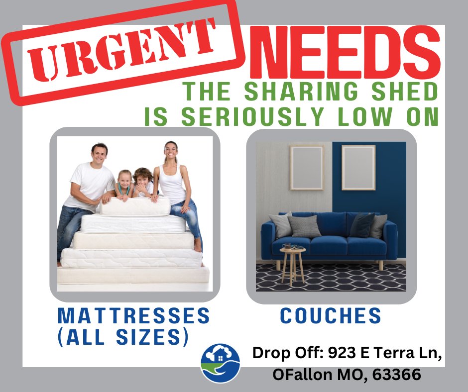Eek!  We are down to 6 mattresses in our warehouse!  We are in need now!  You can drop them off in our shed at any time or schedule a pick up at 636-439-6889