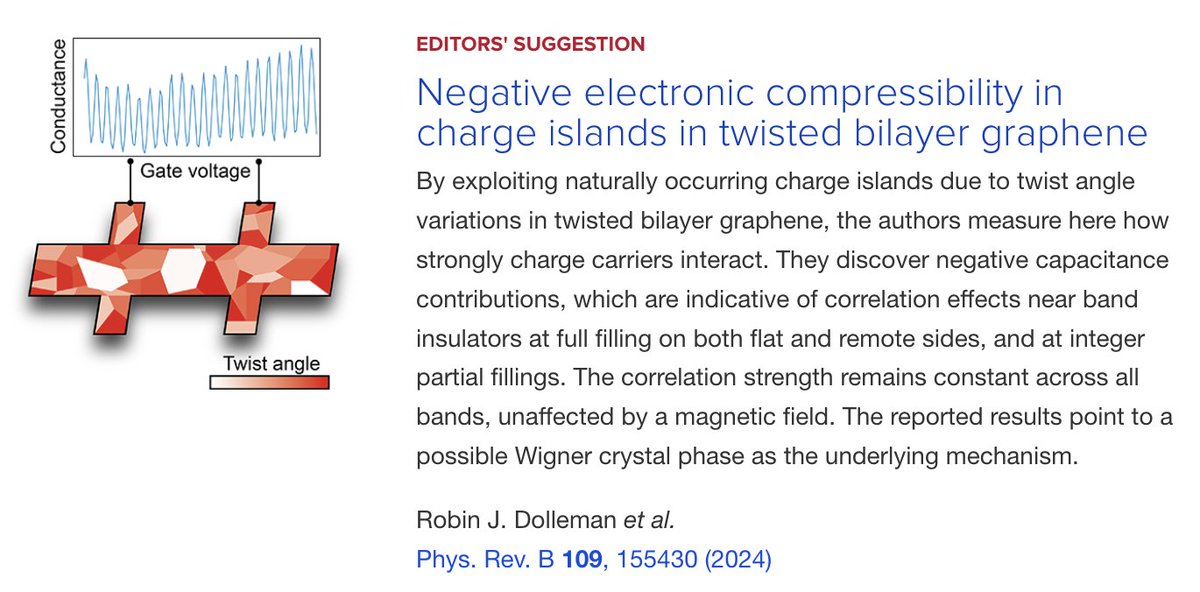 PRB Editors' Suggestion: #NegativeElectronicCompressibility in charge islands in #TwistedBilayerGraphene

R. J. Dolleman et al.,
Phys. Rev. B 109, 155430

➡️ go.aps.org/4dfV6J8
#EdSugg #physics #condmat @APSPhysics @ChStampfer @ML4Q_cluster @2dmp_spp2244 @RWTH