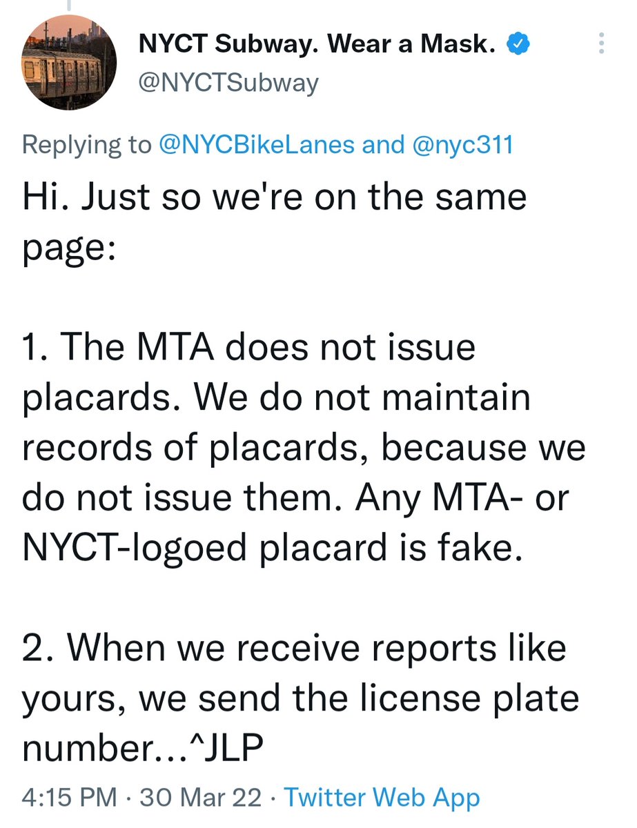 This #PlacardPerp was using a @MTA #FakePlacard forgery.

That's a felony crime, but instead of taking any enforcement action, the @NYPDnews lets the criminal park illegally in a No Standing zone. 

#NYPDSoftOnCrime 
#PlacardCorruption