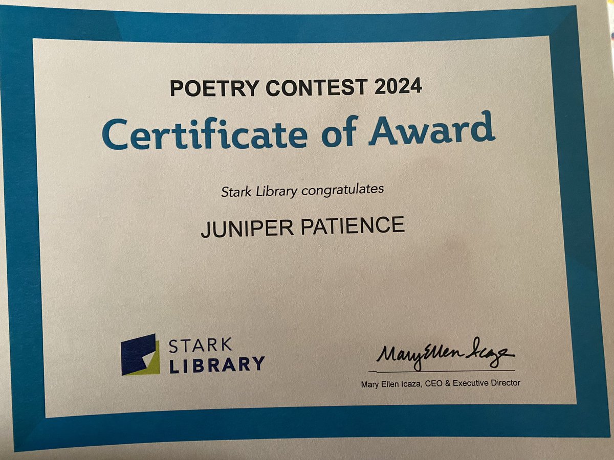 JuniPatience's tweet photo. While I am still keeping my writing in the archives so that it can be submitted for publication, this felt like a nice step in the right direction. I am excited to begin reading my prize, a book of poetry, once finals are over. 
#poetrytwitter #poetry https://t.co/28bD70IBei