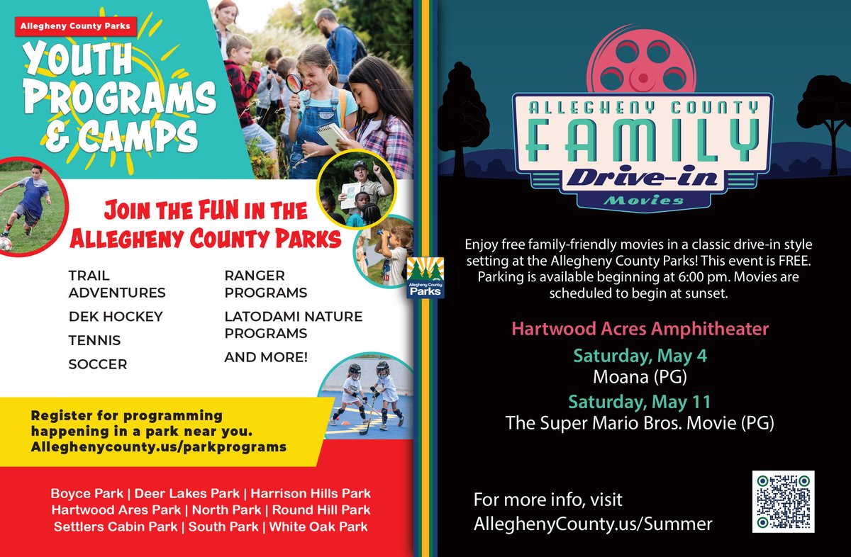 Join the fun in the Allegheny County Parks! Register for programming happening in a park near you at alleghenycounty.us/parkprograms
&
Enjoy free family-friendly movies in a classic drive-in style setting at the Allegheny County Parks! For more info, visit AllghenyCounty.us/Summer