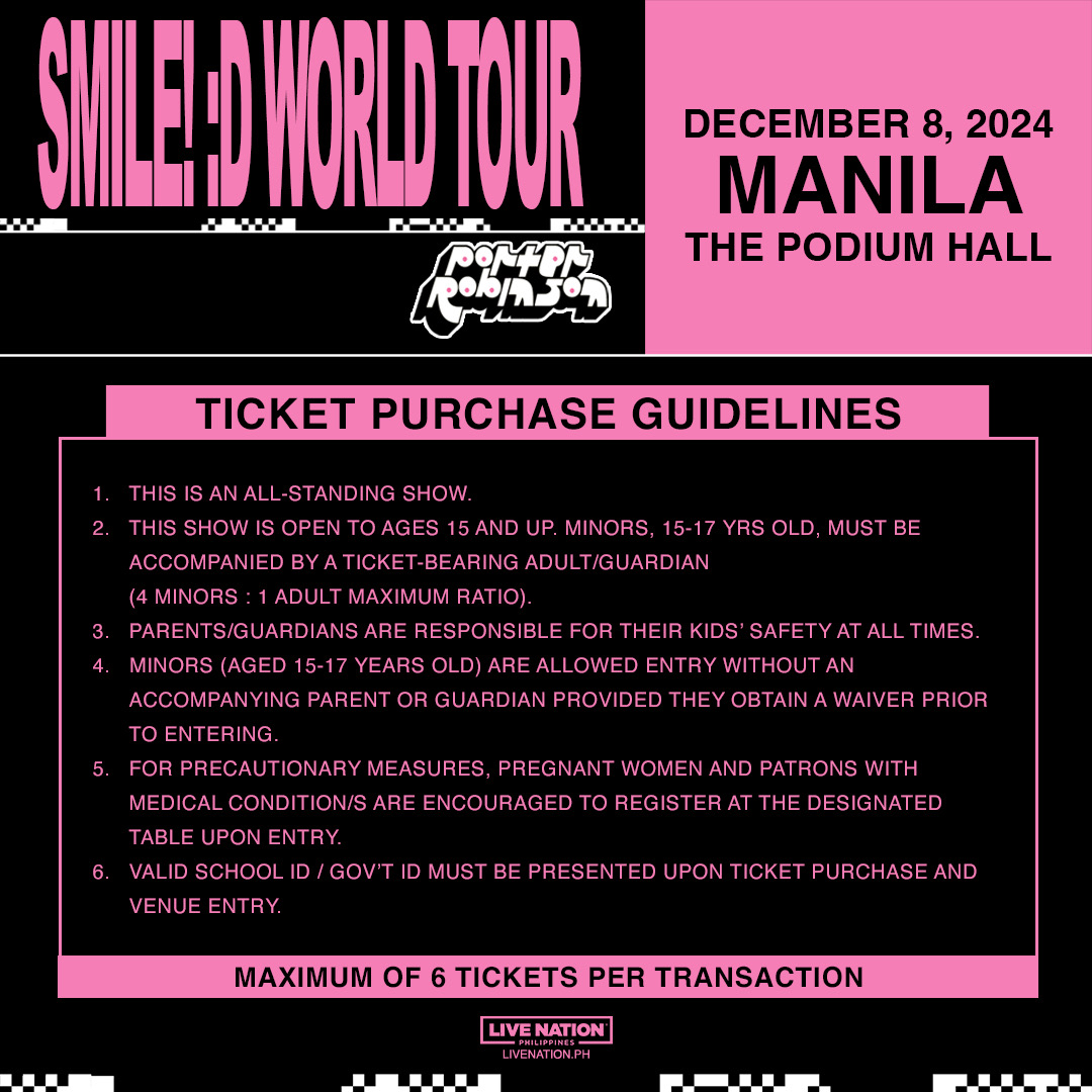 Get ready for the LNPH Presale & Spotify Presale for Porter Robinson SMILE! :D World Tour in Manila TODAY starting 10am until 11:59pm. Spotify code: SMILE For LNPH Presale code, go to livenation.ph. 📆December 8, 2024 📍The Podium Hall #PorterRobinsonInManila