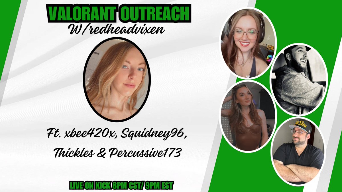 Live now for Valorant Outreach & joining me this week we have @thickles__ @Squidney_9 @xbee420x @Percussive173_ 😊💚 kick.com/redheadvixen