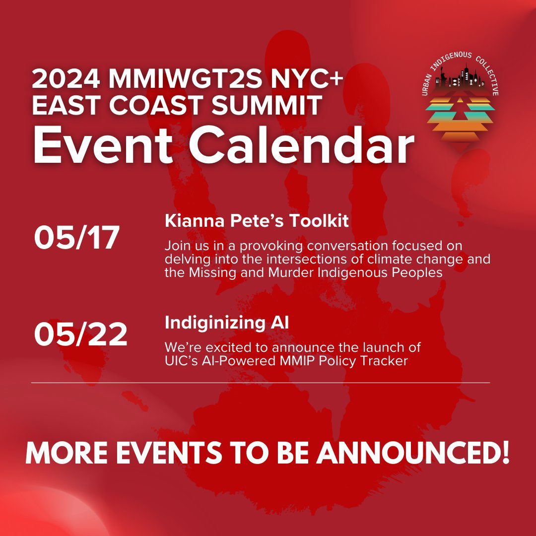 The month of May is MMIR awareness month 

Join us for our MMIWGT2S NYC+ East Coast Summit which spans the entire month of May.

Click the LinkTree in our bio to check out the full list of events on our calendar.

tr.ee/PcJspjDOm-