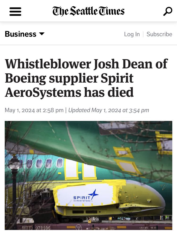 MoreAndAgain's tweet image. Not Boeing going on an [alleged] whistleblower killing-spree. . .
__________

Whistleblower Josh Dean of Boeing supplier Spirit AeroSystems has died
seattletimes.com/business/whist….