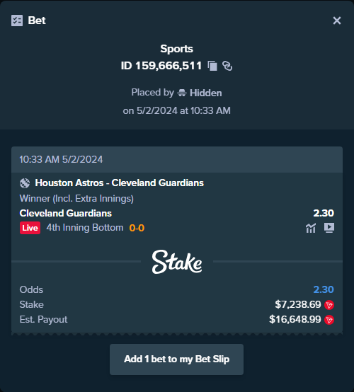 ALERT: New high roller bet posted! A bet has been placed for $7,238.69 on Houston Astros - Cleveland Guardians to win $16,648.99. To view this bet or copy it stake.com/sports/home?ii…