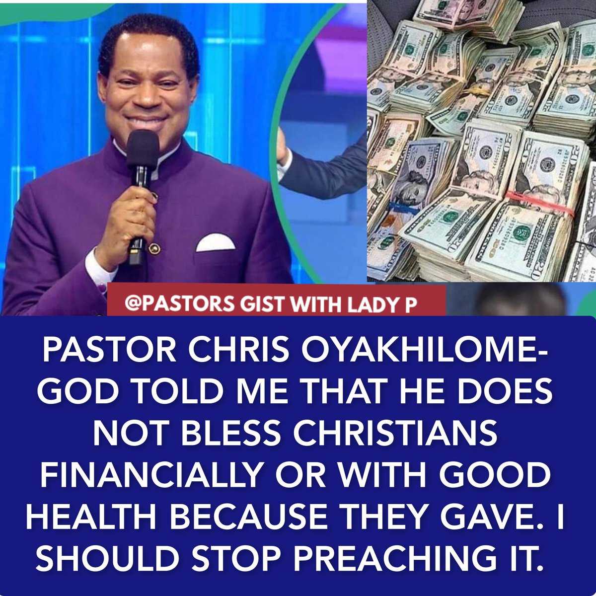PASTOR CHRIS OYAKHILOME- GOD TOLD ME THAT HE DOES NOT BLESS CHRISTIANS FINANCIALLY WITH GOOD HEALTH BECAUSE THEY GAVE. I SHOULD STOP PREACHING IT. 

CLICK HERE TO WATCH THE VIDEO youtu.be/M8ZuU_DgwnQ

#pastorchrisoyakhilome #prosperitygospel #pastors #prophets  #church