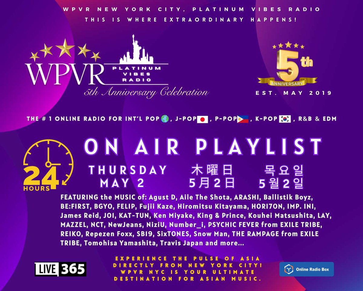 🔥Hey Platinum World! This is the WPVR NYC 24-hour playlist for Thursday, May 2, 2024. Thank you as always for listening! / PVRワールドの皆さん！5月2日 (木曜日）のWPVR NYC 24時間プレイリストです。いつもお聴きいただきありがとうございます/ 5월2일 (목요일) WPVR NYC 24시간…