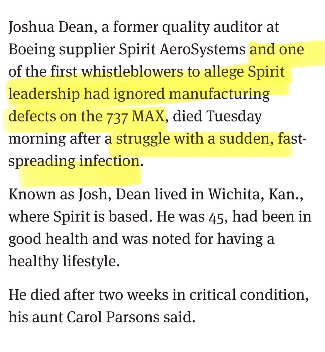 MoreAndAgain's tweet image. Not Boeing going on an [alleged] whistleblower killing-spree. . .
__________

Whistleblower Josh Dean of Boeing supplier Spirit AeroSystems has died
seattletimes.com/business/whist….