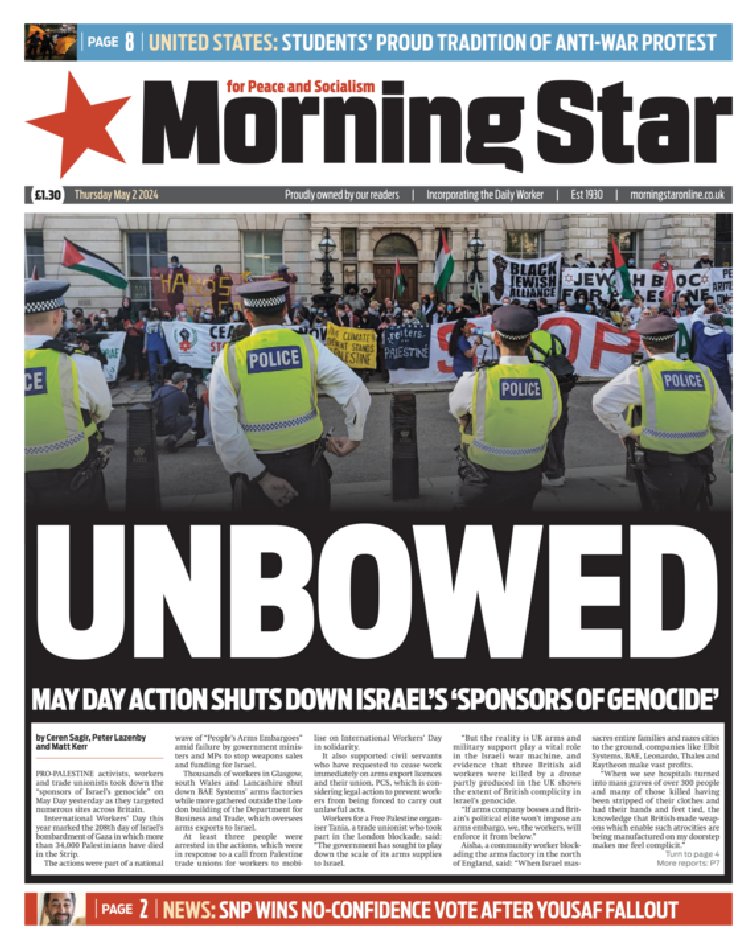 🇬🇧 Unbowed ▫May Day action shuts down Israel's 'sponsors of genocide' ▫@cerenkardelen @peterthomas1249 & Matt Kerr ▫is.gd/H5edq9 👈 #frontpagestoday #UK @M_Star_Online 🇬🇧