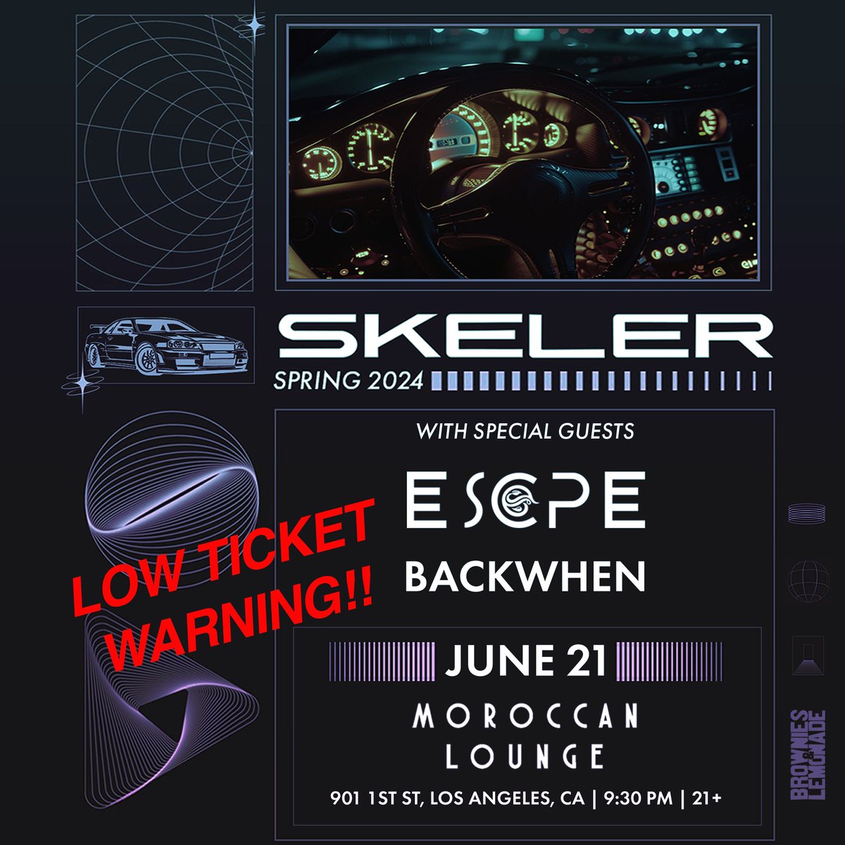 🚨 Don't miss out on your chance to see Skeler June 21st with special guest ESCPE & Backwhen! 💿 We're running low on tickets! 🎟️ So get your now, before they're gone! #Skeler #ESCPE #BackWhen #Moroccan Lounge