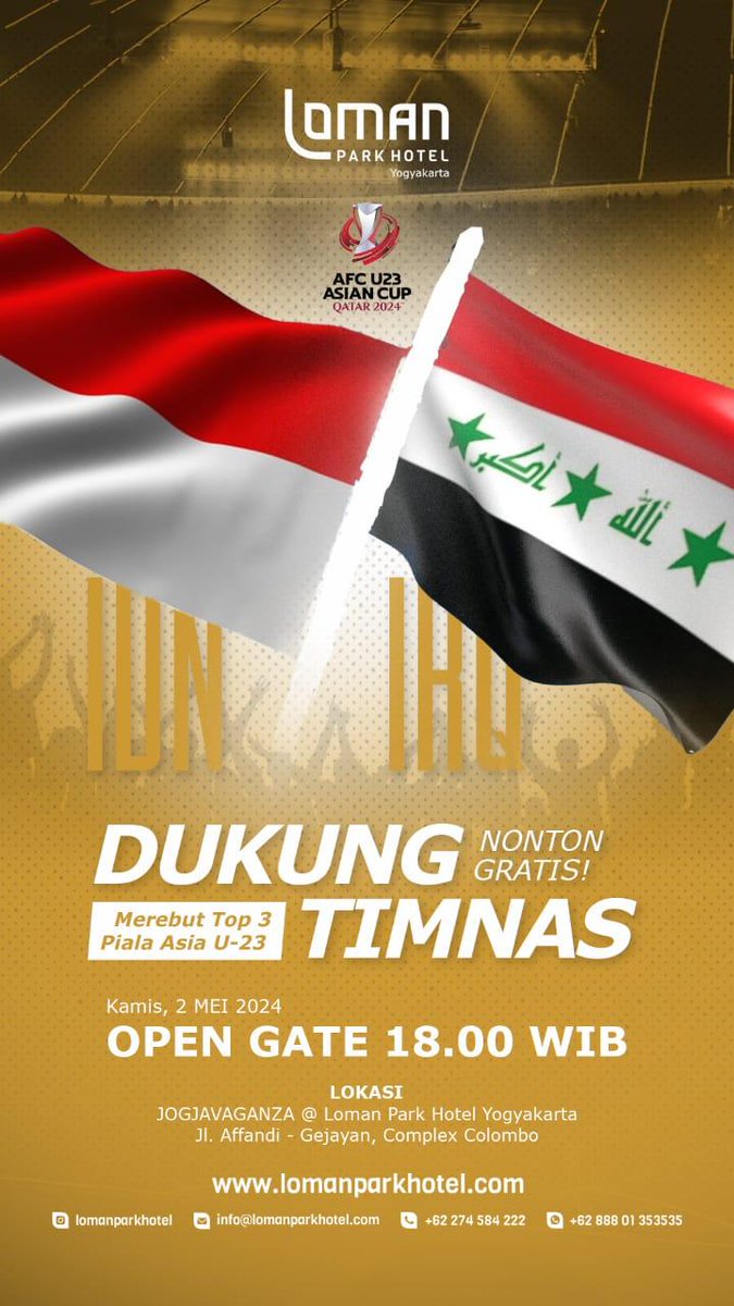 Kuis Tebak Skor Irak vs Indonesia - by Loman Park Hotel

1. Wajib Retweet Postingan ini
2. Wajib hashtag #KuisInfosuporter
3. Hadiah total 200ribu untuk 4 pemenang.
4. Kuis ditutup pas Kick Off  

NOBAR Timnas Area Jogja - GRATIS di Loman Park Hotel - Info Lengkap Cek Poster