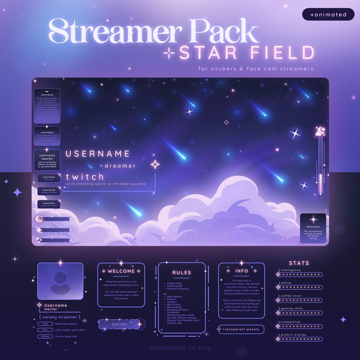 𝗦𝘁𝗮𝗿 𝗙𝗶𝗲𝗹𝗱 𝗢𝘃𝗲𝗿𝗹𝗮𝘆 𝗣𝗮𝗰𝗸💫
For Streamers and Vtubers ( this pack is massive).🥹

☁️+ Animated Background
☁️+ Accessory &amp; Small Panels
☁️+ Chat Widget, Goal Widget, Info Bar popup, &amp; Popup Reminder