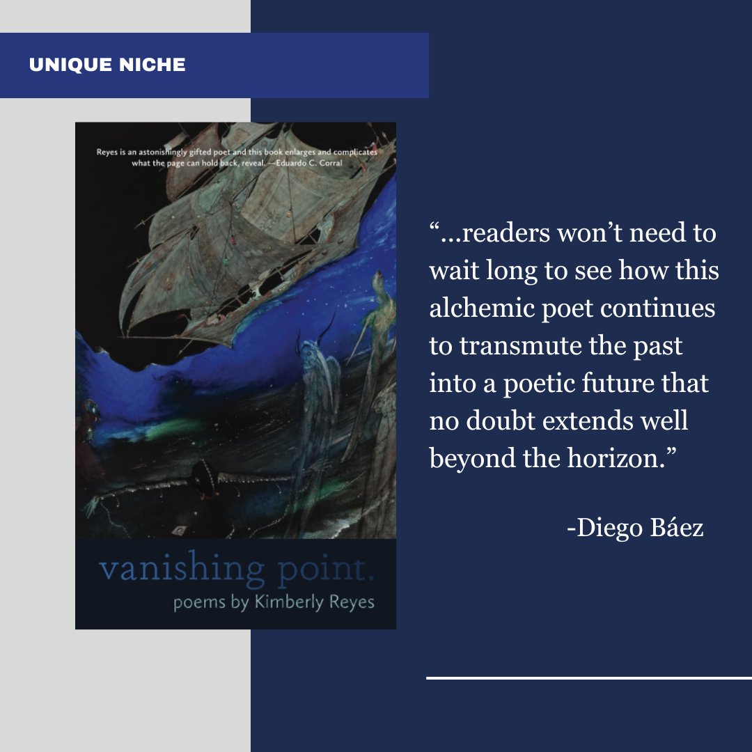 Unique Niche is back! Diego Báez (@diego_baez ) is kicking off his return with a stellar review of Kimberly Reyes' poetry collection vanishing point. (@Omnidawn)! 

Read it here:
letraslatinasblog2.com/post/vanishing…