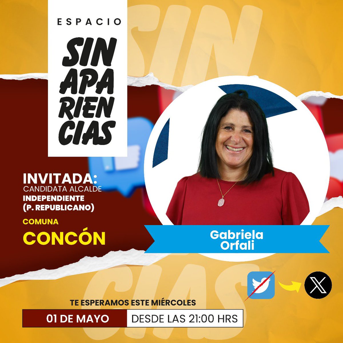 Los invito a conectarse al espacio de nuestra candidata a alcaldesa de Concon @GabrielaOrfali donde la estarán entrevistando sobre los desafíos de la comuna! 💪🏼 x.com/sollarrahona/s…