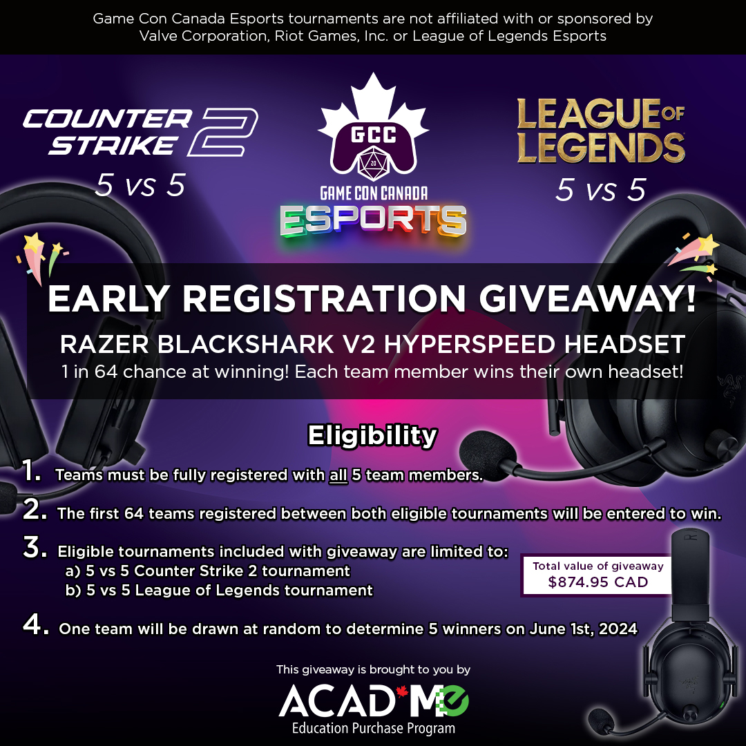 Join us for Canada’s first hybrid CS2 Online/LAN event as you battle with up to 64 teams, for a chance to win up to $5,000 prize pool AND have your flights/hotels covered to the venue should your team make the Grand-Finals. Visit gameconcanada.com/tournaments/ for details!