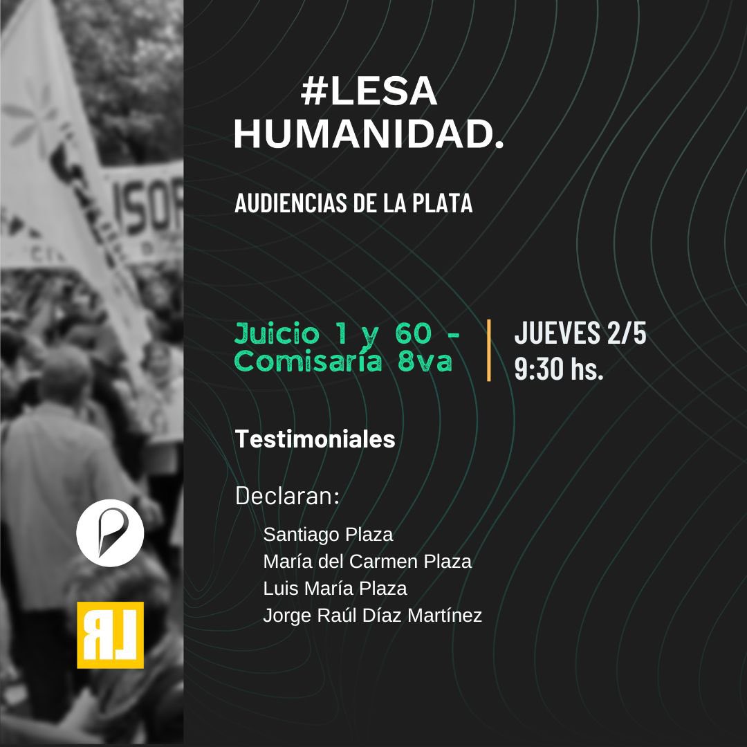 🔴 #LesaHumanidad #Juicio1y60comisaria8va 

Mañana, desde las 9:30, vamos a escuchar nuevos testimonios en la sala del TOF 1 de #LaPlata. 

Podés mirar la transmisión colectiva con @Laretaguardia acá: youtube.com/watch?v=INACRt…