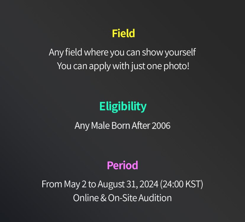 BIGHIT MUSIC GLOBAL AUDITION

audisi nya open di Jakarta nih
- 27 juli
- cowok, 06l - dst
- bisa apply cukup pake 1 foto