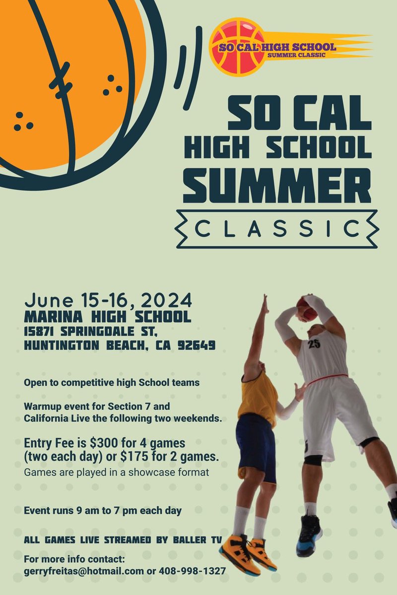 So Cal High School Summer Classic - June 15-16 at Marina HS in Huntington Beach. Warmup for scholastic events the following two weekends.