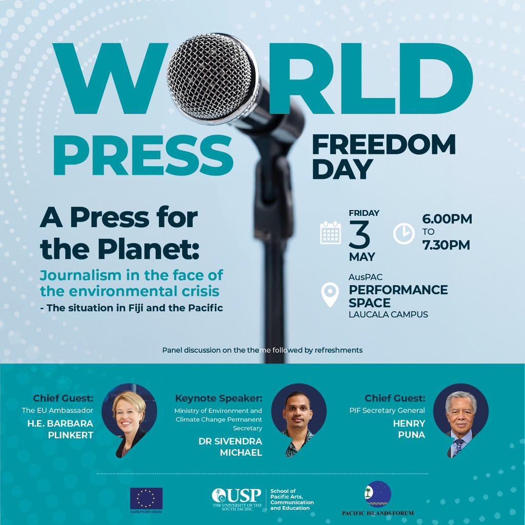 Looking forward to @UniSouthPacific Journalism Program #WPFD2024 event tomorrow. Besides addresses by chief guests & keynote, there’s a panel discussion on the theme:  'A Press for the Planet: Journalism in the face of the environmental crisis - the Fiji and Pacific situation'.