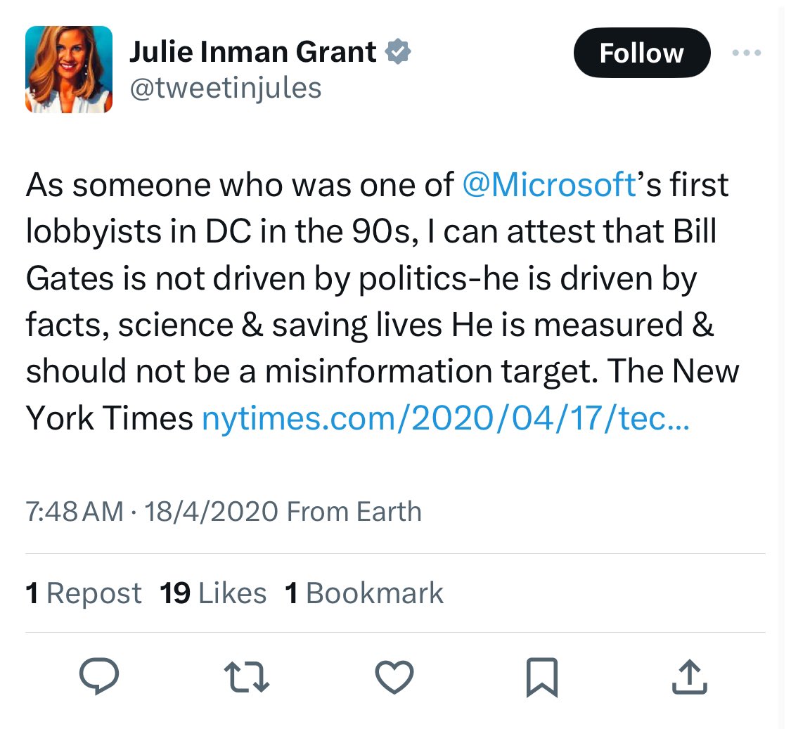 @BillboardChris @eSafetyOffice @X @elonmusk @tweetinjules Maybe Julie Inman Grant will ask for Bill Gates to help fund her esafety ideological war against free speech, since she has him perched up high on her pedestal
