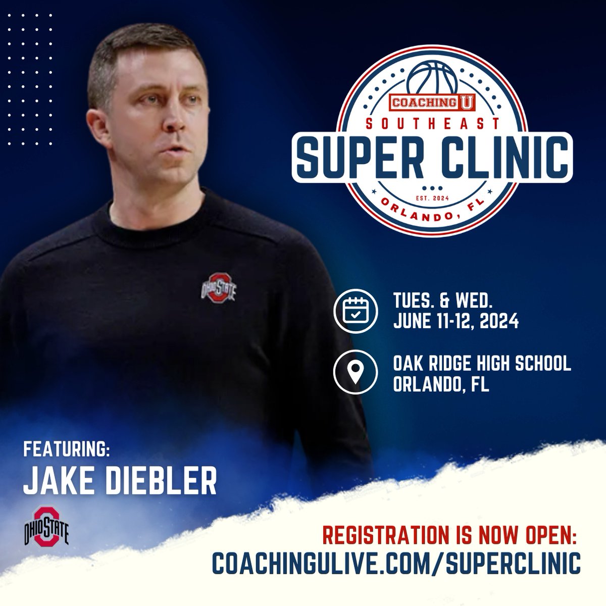 🏀 Coaching U returns to Orlando this summer for the 1st ever Southeast Super Clinic featuring new Ohio State head coach Jake Diebler! 🗓️ June 11-12, 2024 📍 Orlando, FL 🎟️ Registration is now open: 🔗 coachingulive.com/superclinic