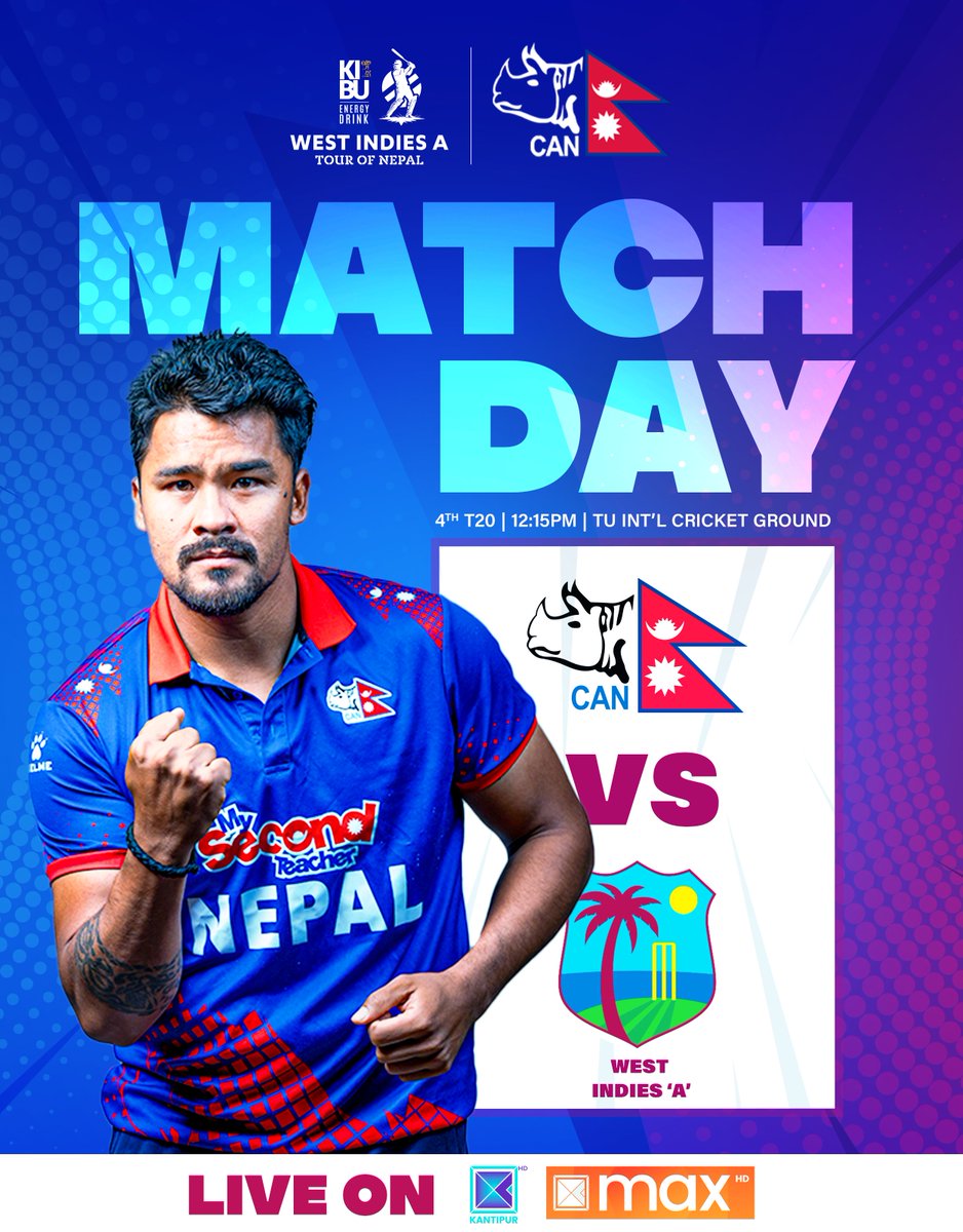 🇳🇵It's 4th game in the series 🏏 #Rhinos and West Indies A dive into the action at TU yet again with action set to start at 12:15 PM ⚡️

#WIndiesATourOfNEP | #WorldCupYear2024 | #NepaliCricket