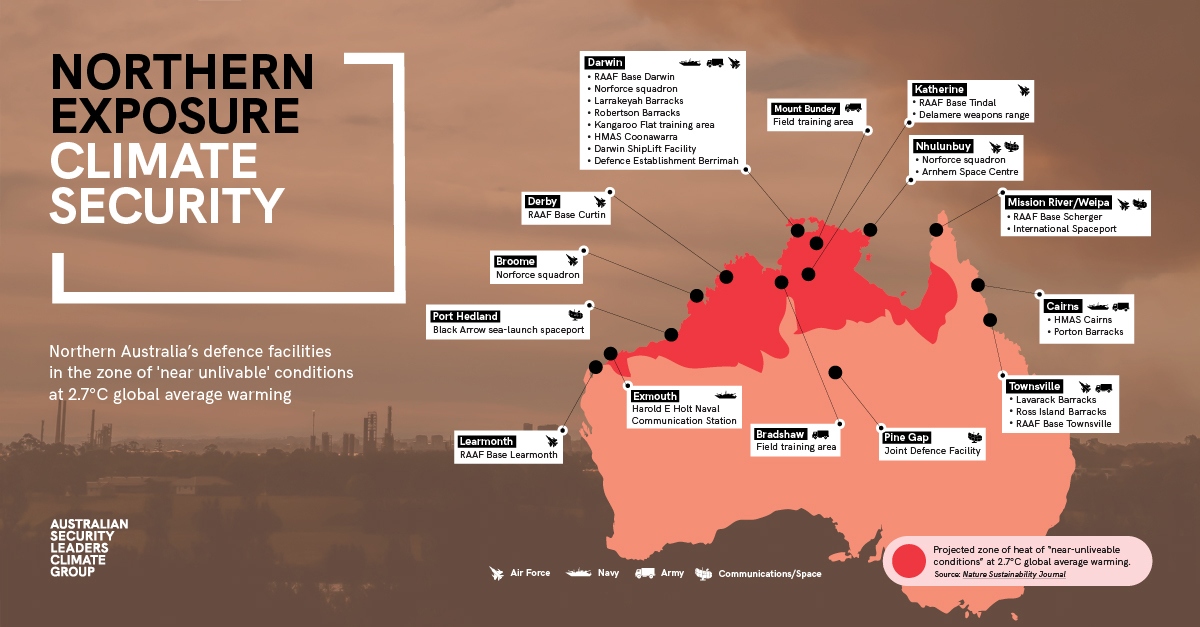 The 'Too Hot to Handle' ASLCG report warns that global warming could render some of Australia's top military bases nearly unlivable. Key locations crucial for our nation's defense are facing unprecedented climate threats. Get the full analysis: aslcg.org/too-hot-to-han…