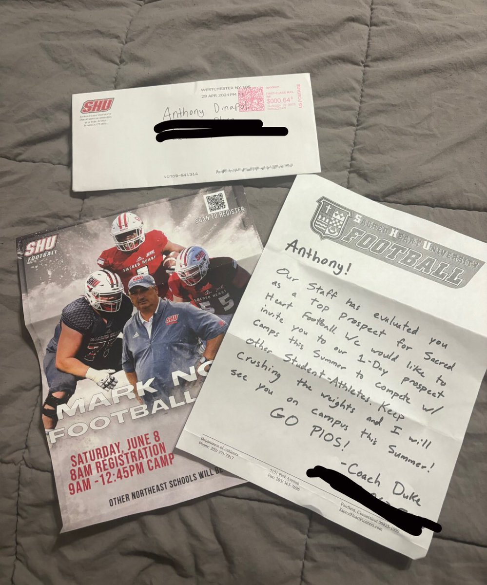 Thank You @Coach__Duke for the letter, I can't wait to get on campus and compete!! @SHU__Football @Joespags12 @CoachMoffitt @ionafootball @vinnysullivan77