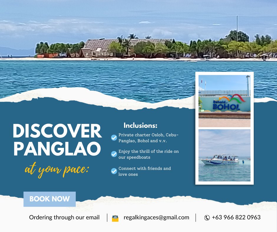 Tired of the crowds and rigid schedule? opt for a private charter from Oslob, Cebu to Panglao, Bohol and enjoy the ultimate in convenience.
Customize your journey with us Regal King Aces Sea Transport Corporation. 
#Bohol #oslobcebu #speedboatprivatecharter #islandhopping