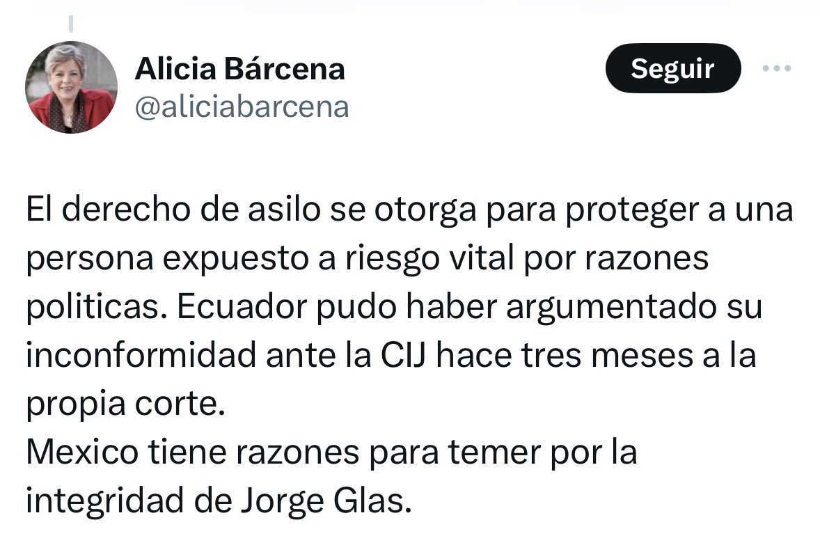 🛑#Atención | La Secretaria de Relaciones Exteriores de México, @aliciabarcena, se pronuncia tras el segundo día de audiencia en la Corte Internacional de Justicia. “Mexico tiene razones para temer por la integridad de Jorge Glas”, dice.