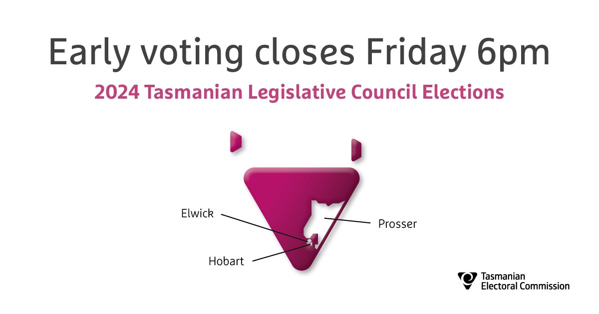 Pre-poll voting in the 2024 Legislative Council ends this Friday 3 May. For pre-poll locations, and information about voting options, visit: tec.tas.gov.au/voting #politas #taspol