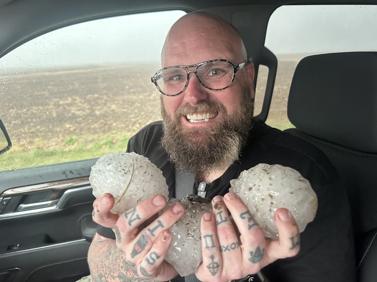 Found some softball size hail east of Healy, KS! #wxtwitter