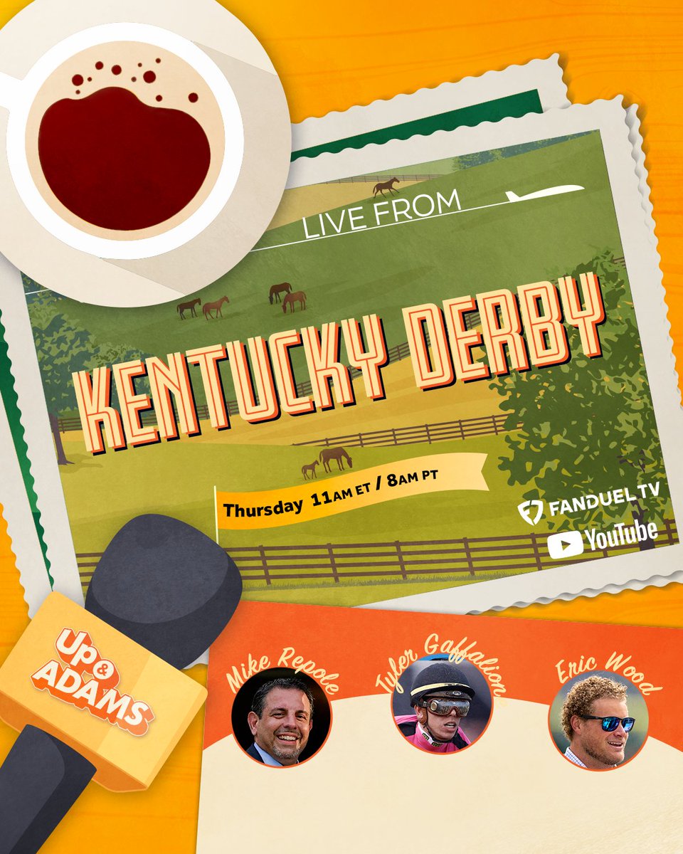 GREETINGS FROM KENTUCKY📍🐴🏆 #KyDerby Thursday LIVE from Churchill Downs with.... 😎 Racehorse owner Mike Repole 🏇 Sierra Leone jockey Tyler Gaffalione 🏈 Former Pro-Bowl center Eric Wood 🌹 And MORE surprise guests Giddy UP at 11a ET @heykayadams youtube.com/@UpAndAdamsSho…